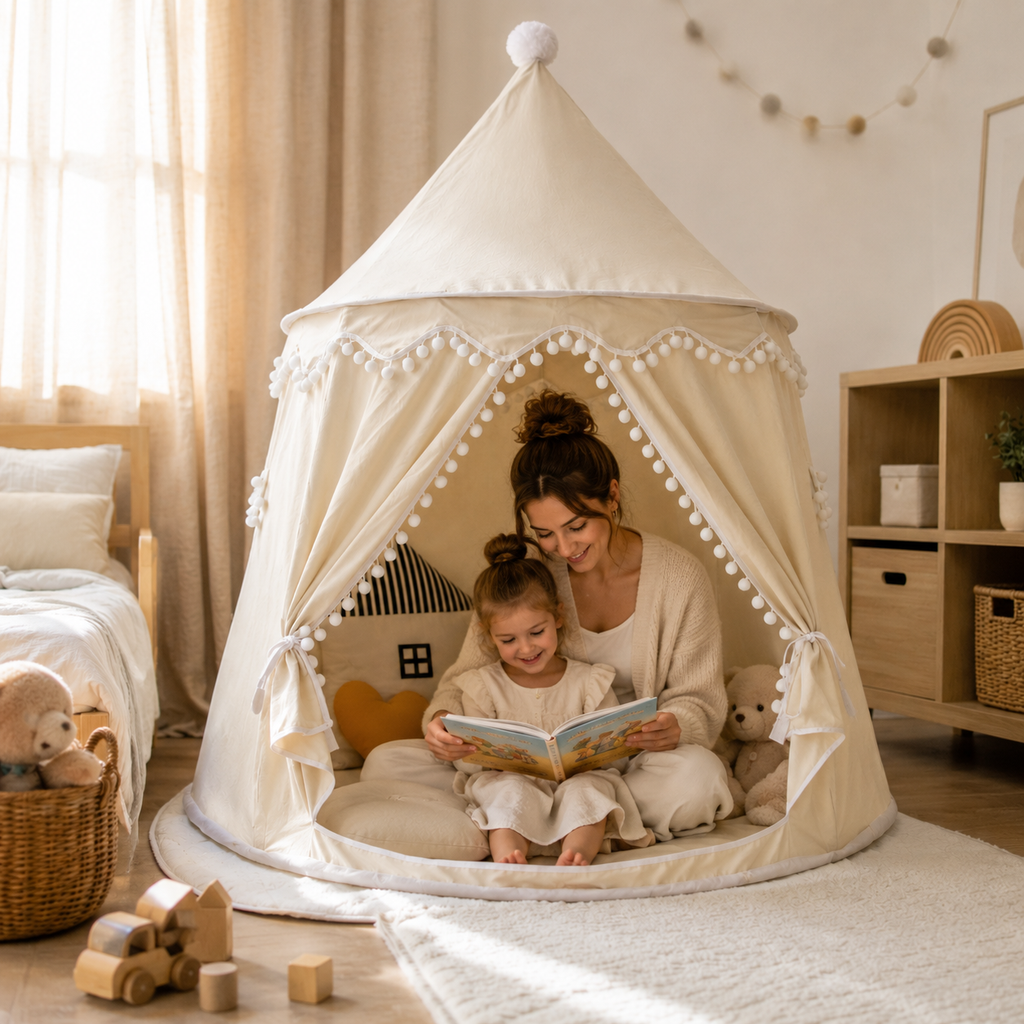 Tipi de juego de lona para niños, 100 % algodón, postes de pino, espacioso