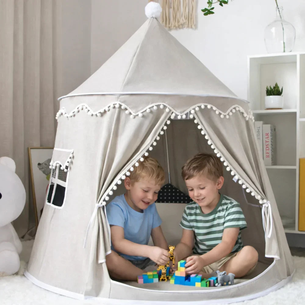 Tipi de juego de lona para niños, 100 % algodón, postes de pino, espacioso