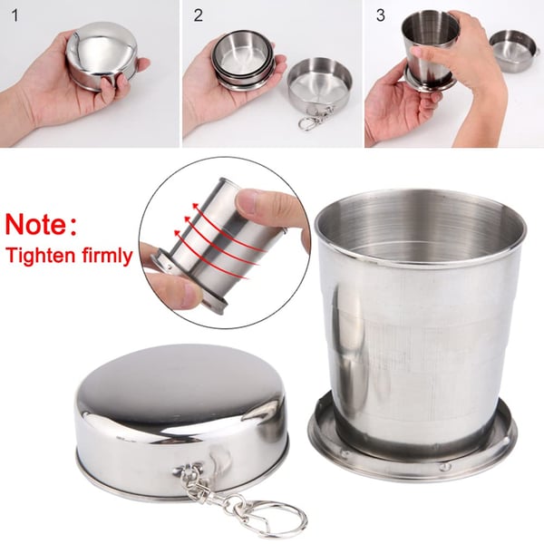Vaso plegable telescópico de acero inoxidable con mosquetón
