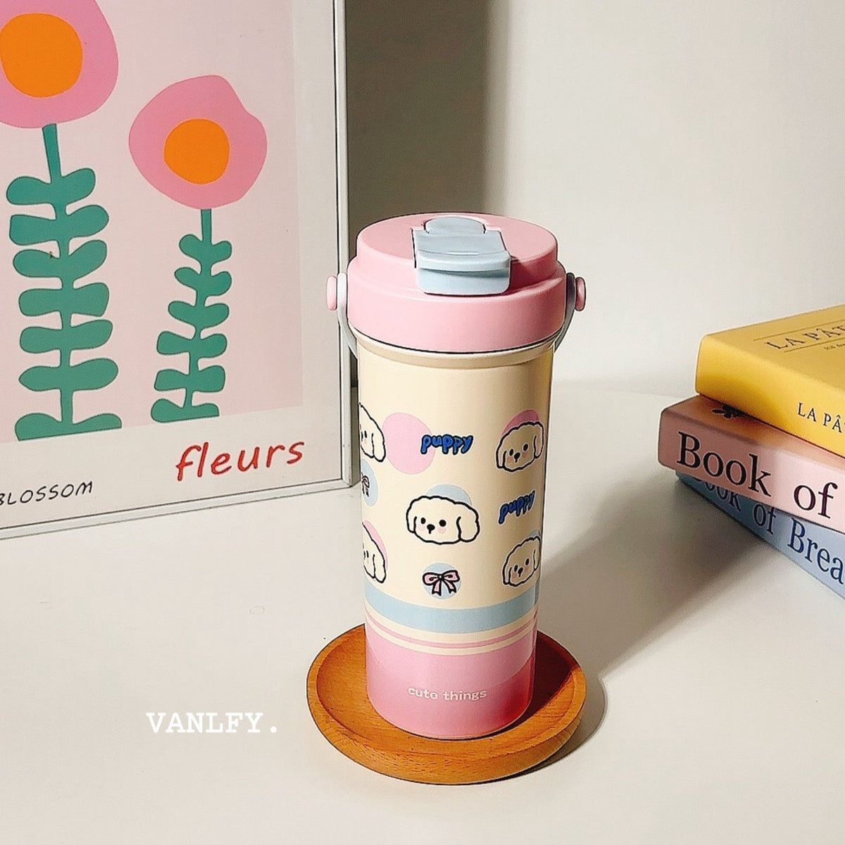 Vaso térmico con tapa abatible y diseño de perrito adorable