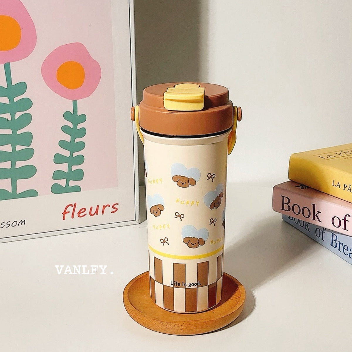 Vaso térmico con tapa abatible y diseño de perrito adorable