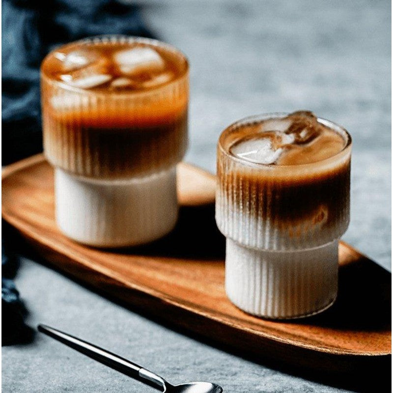 Vasos de vidrio acanalados, set de vasos altos con base blanca mate y parte superior transparente, para bebidas frías y 