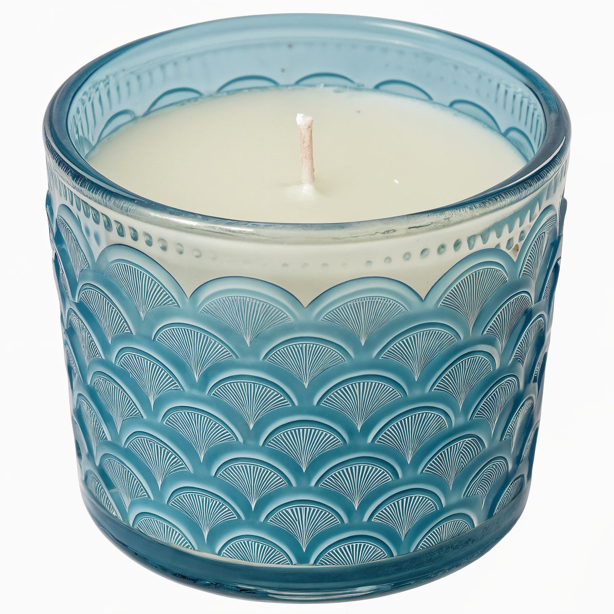 Vela de soja Ocean Mist de ORNISHOP en tarro de cristal azul con patrón de olas