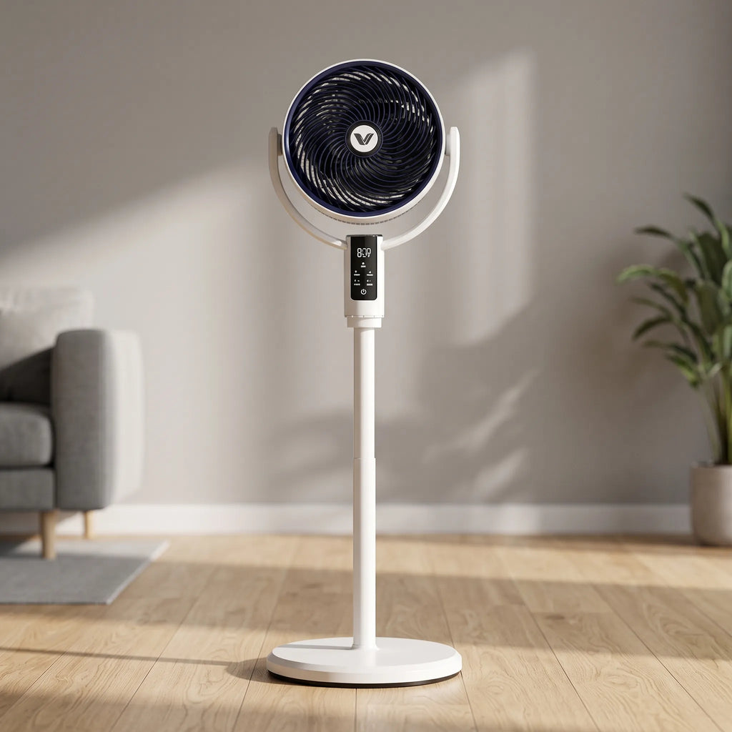 Ventilador de pie de plástico | Carcasa blanca con mando a distancia | Diez velocidades y oscilación de 90 grados