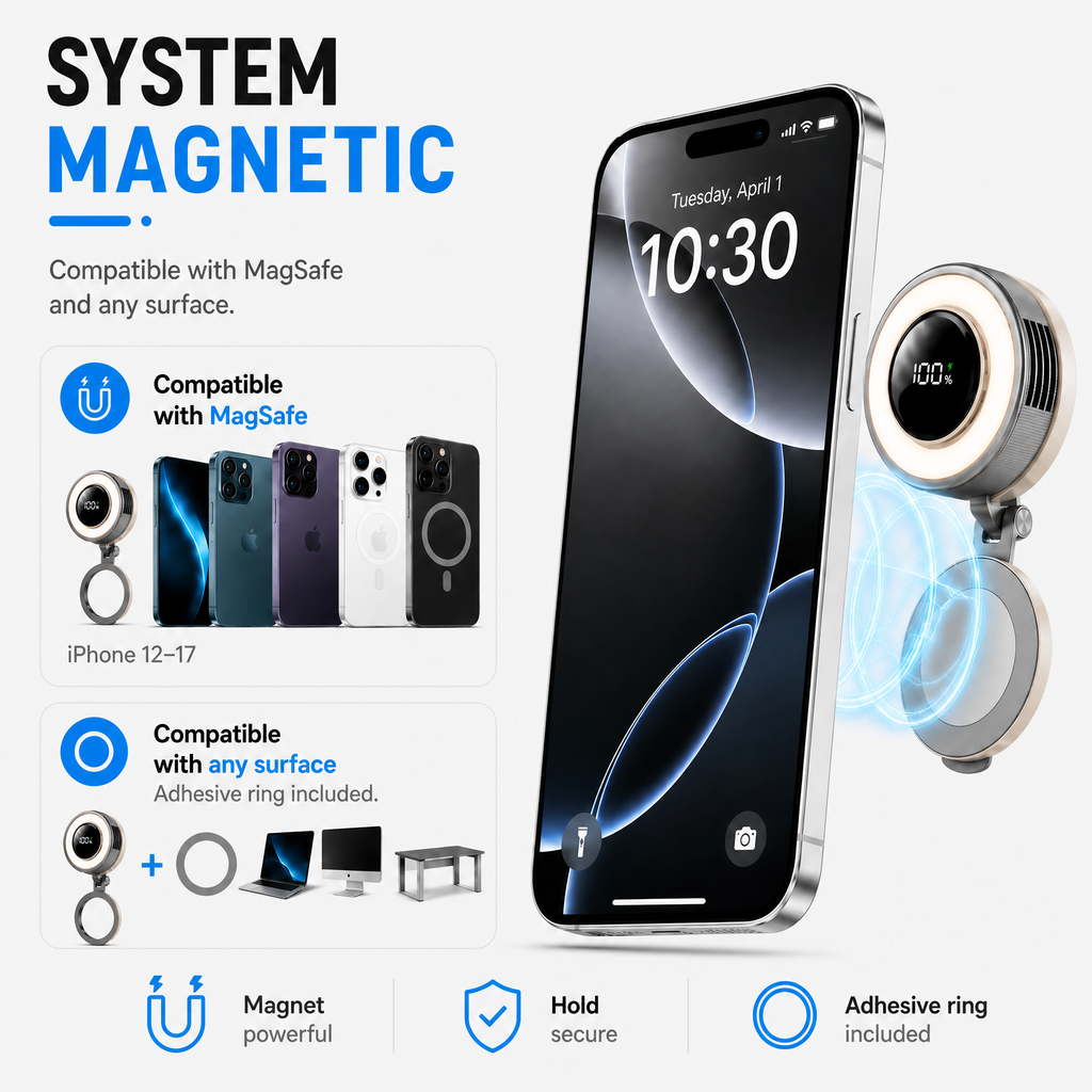Ventilador magnético compacto con refrigeración de 360 grados y luz LED portátil