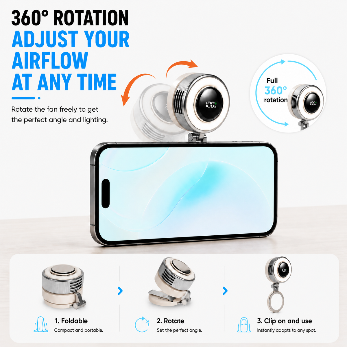 Ventilador magnético compacto con refrigeración de 360 grados y luz LED portátil