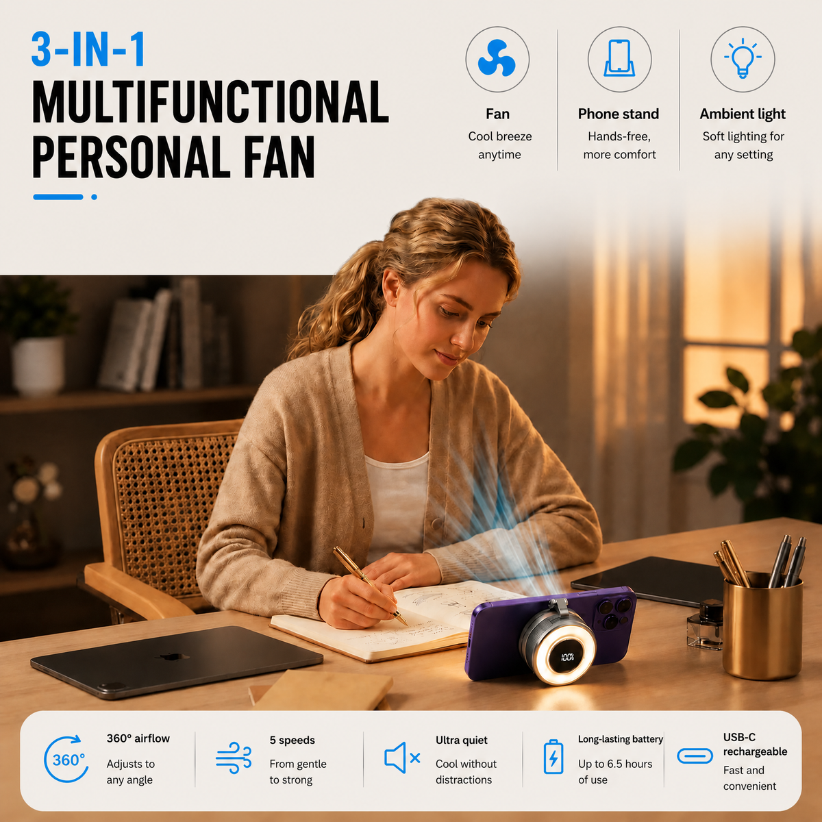 Ventilador magnético compacto con refrigeración de 360 grados y luz LED portátil