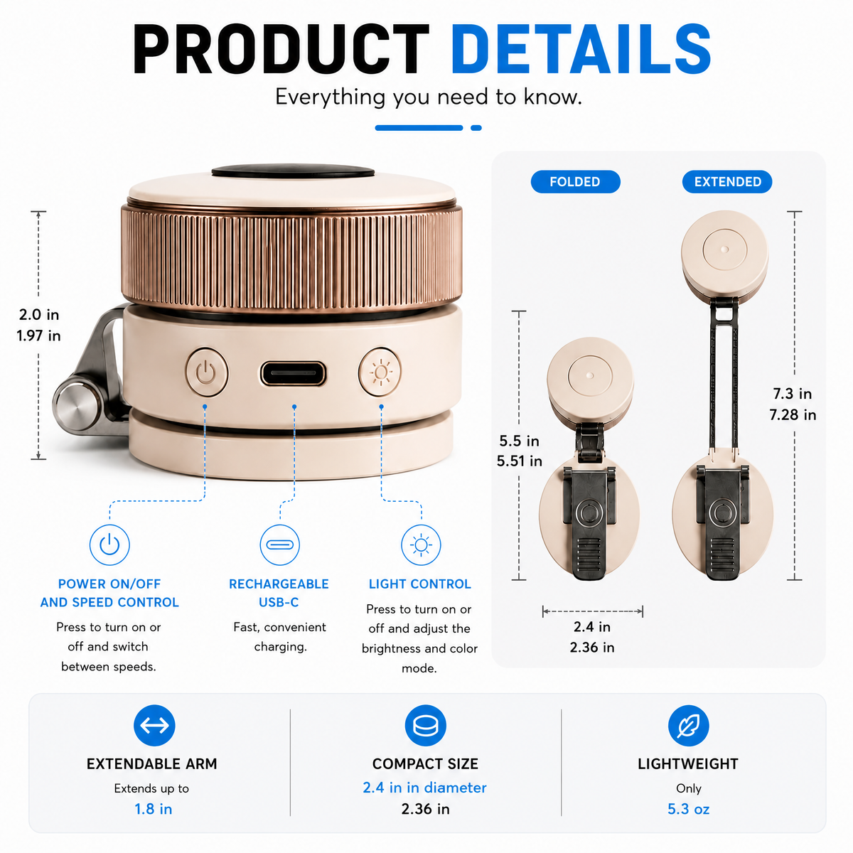 Ventilador magnético compacto con refrigeración de 360 grados y luz LED portátil