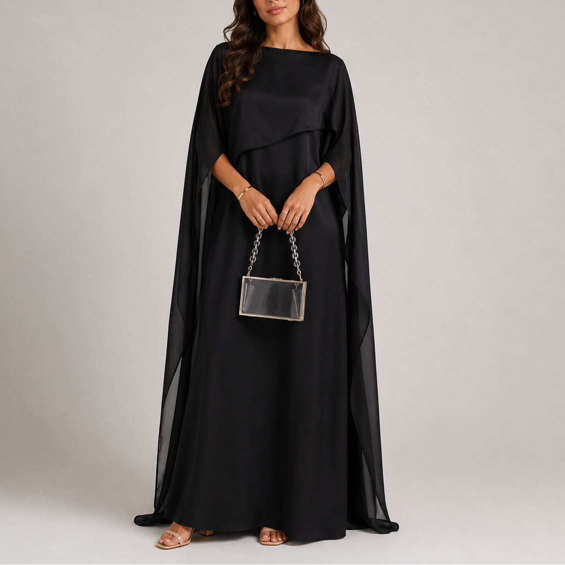 Vestido largo de mujer con capa drapeada | Vestido de noche hasta el suelo