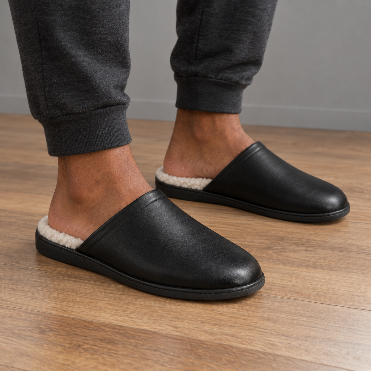 Zapatillas de estar por casa para hombre con forro de pelo sintético negras de interior