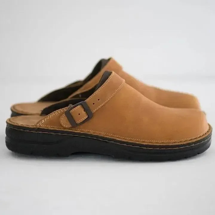 Zuecos cerrados de efecto piel con hebilla lateral, sin cordones, plantilla acolchada, para hombre y mujer, beige, marró