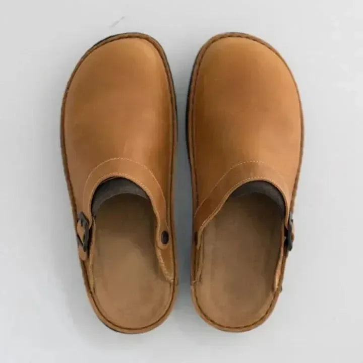 Zuecos cerrados de efecto piel con hebilla lateral, sin cordones, plantilla acolchada, para hombre y mujer, beige, marró