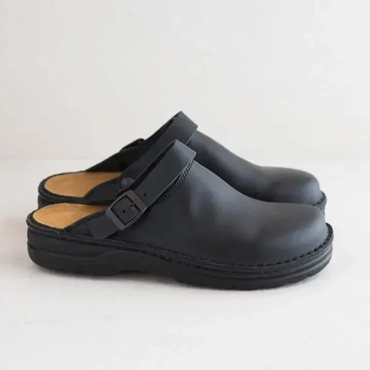 Zuecos cerrados de efecto piel con hebilla lateral, sin cordones, plantilla acolchada, para hombre y mujer, beige, marró