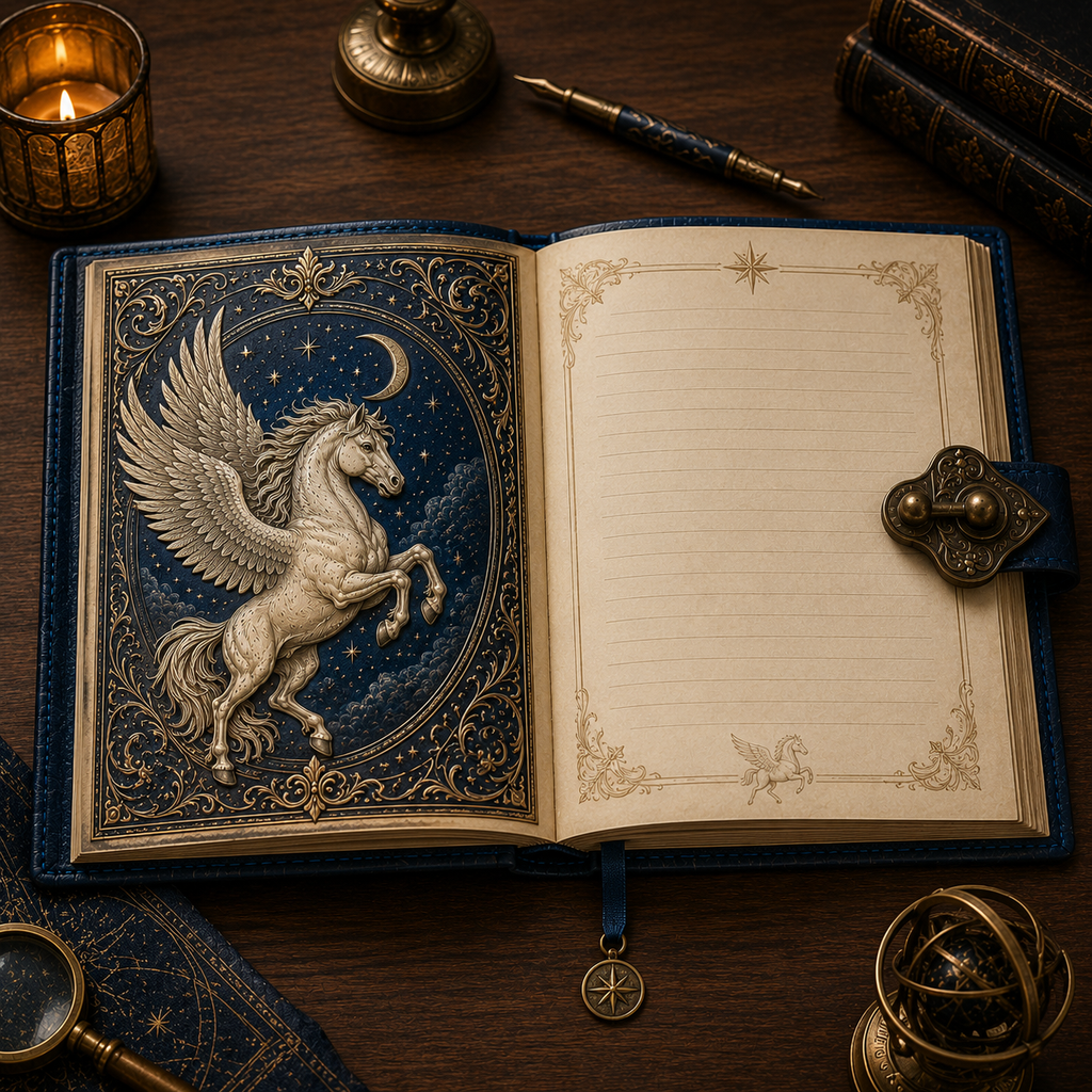 Cuaderno Místico Pegaso Celestial y Cielo Estrellado con Cierre Metálico Vintage