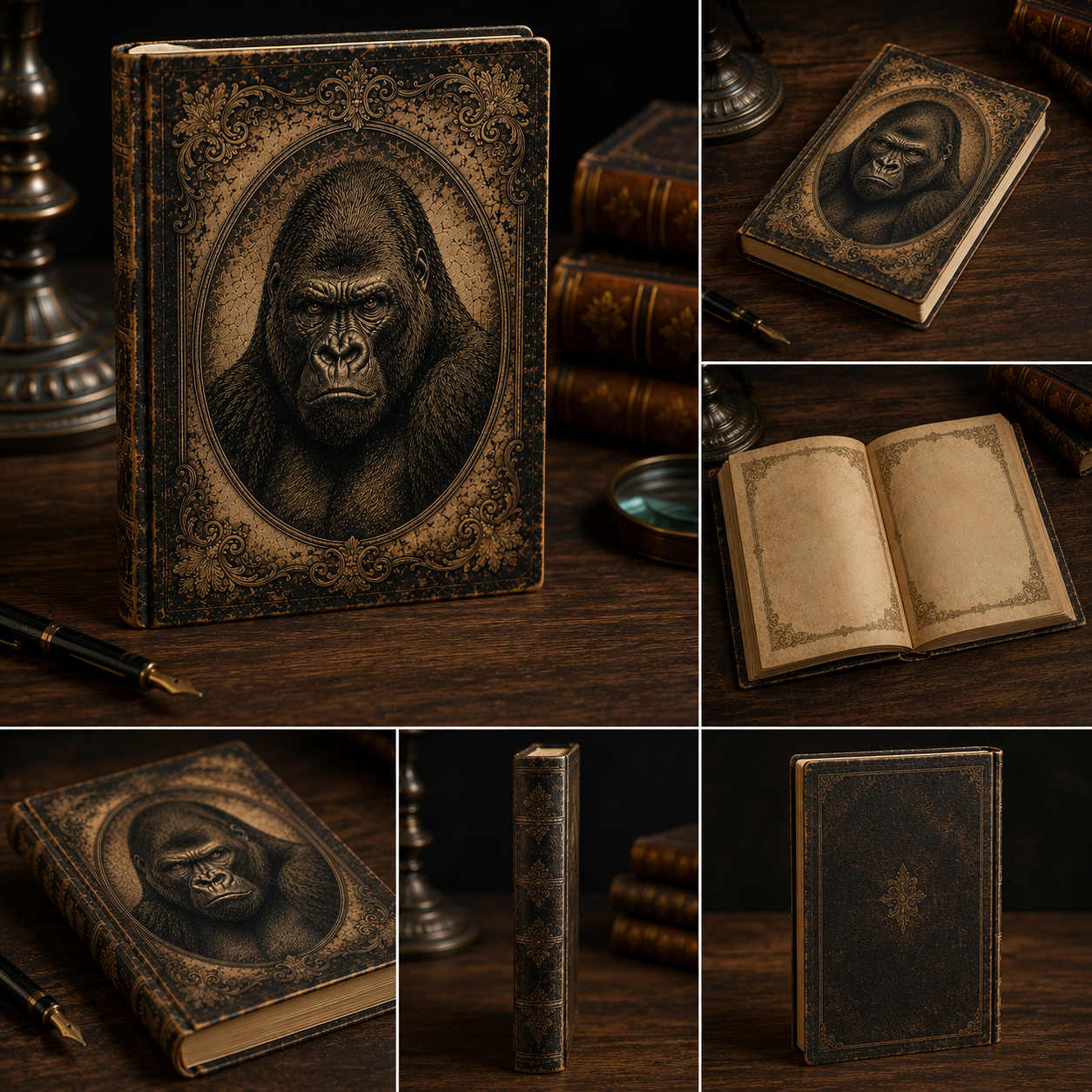 Cuaderno Vintage con Diseño de Gorila y Ornamentación Clásica