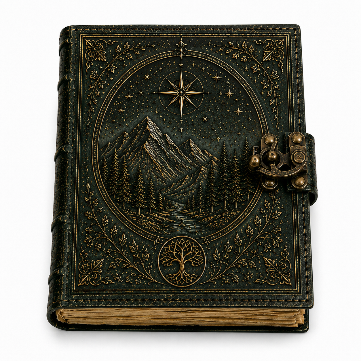Cuaderno Vintage Bosque de Montaña y Árbol de la Vida con Cierre Metálico Decorativo