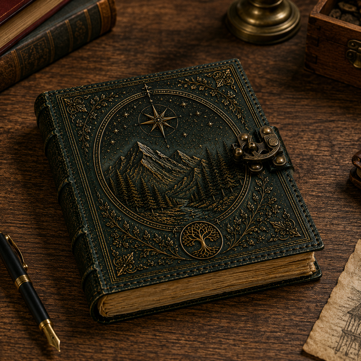 Cuaderno Vintage Bosque de Montaña y Árbol de la Vida con Cierre Metálico Decorativo