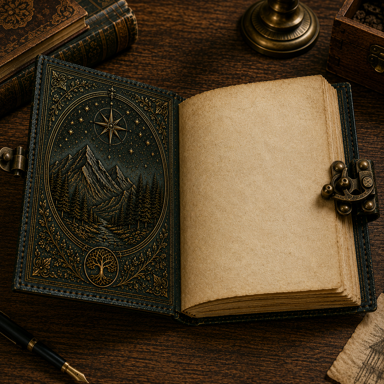 Cuaderno Vintage Bosque de Montaña y Árbol de la Vida con Cierre Metálico Decorativo