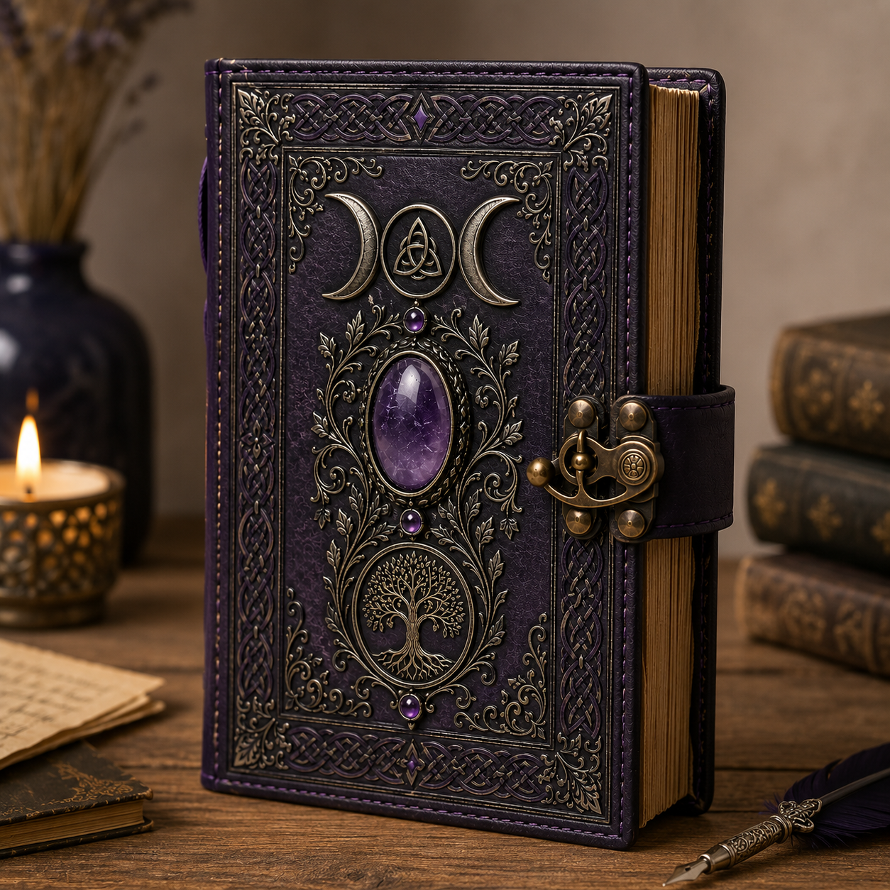 Cuaderno Místico Triple Luna con Árbol de la Vida y Amatista Decorativa