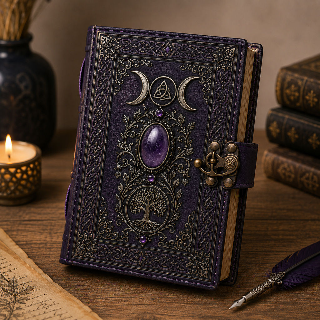 Cuaderno Místico Triple Luna con Árbol de la Vida y Amatista Decorativa