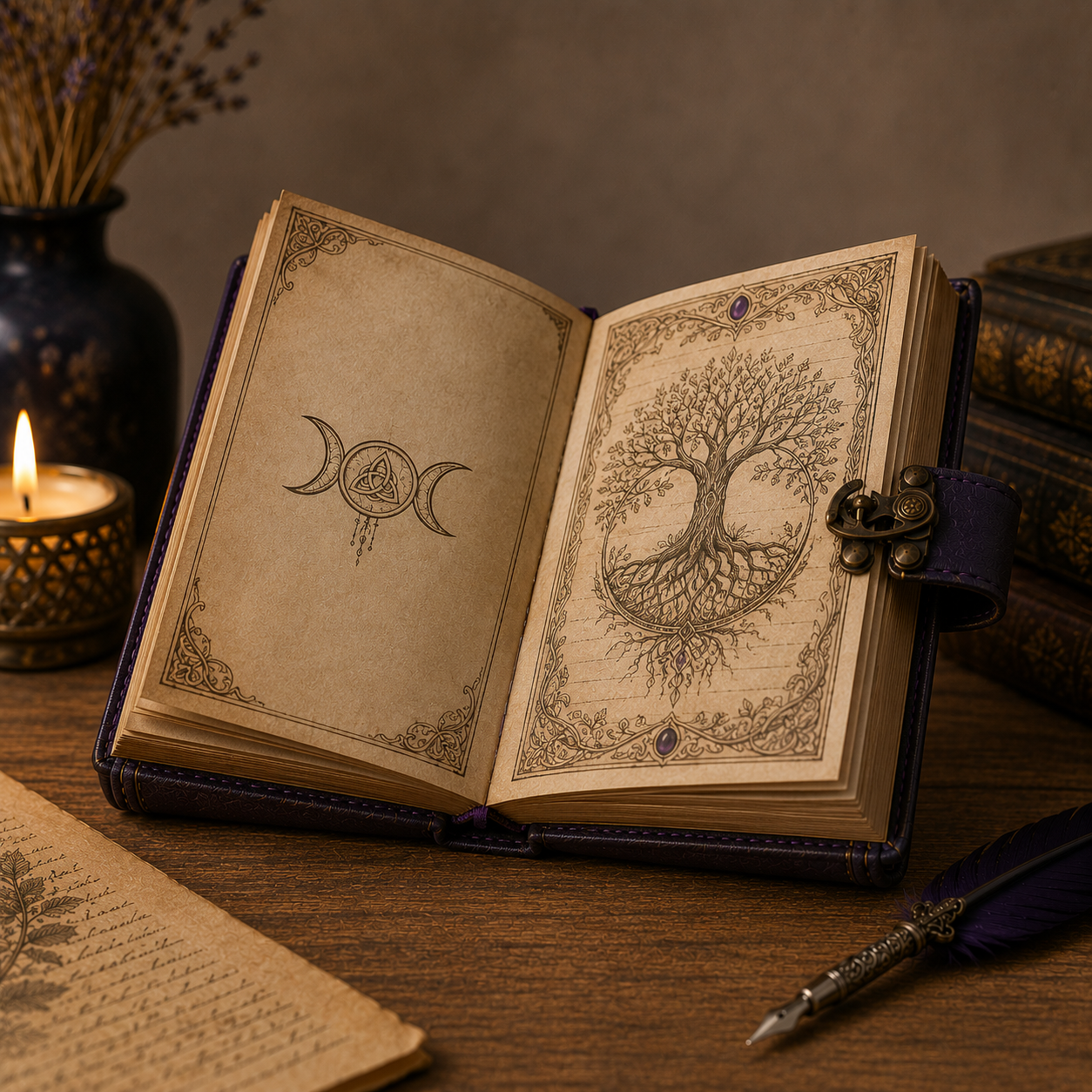 Cuaderno Místico Triple Luna con Árbol de la Vida y Amatista Decorativa