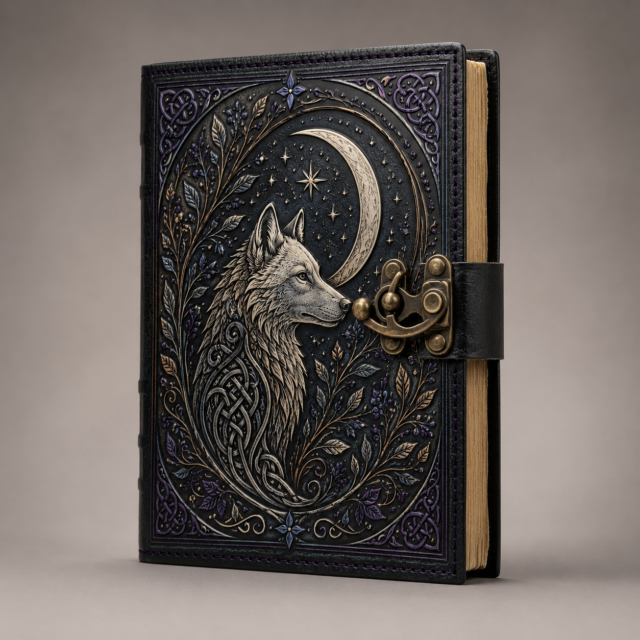 Cuaderno Místico Lobo Celestial bajo la Luna con Cierre Metálico Vintage