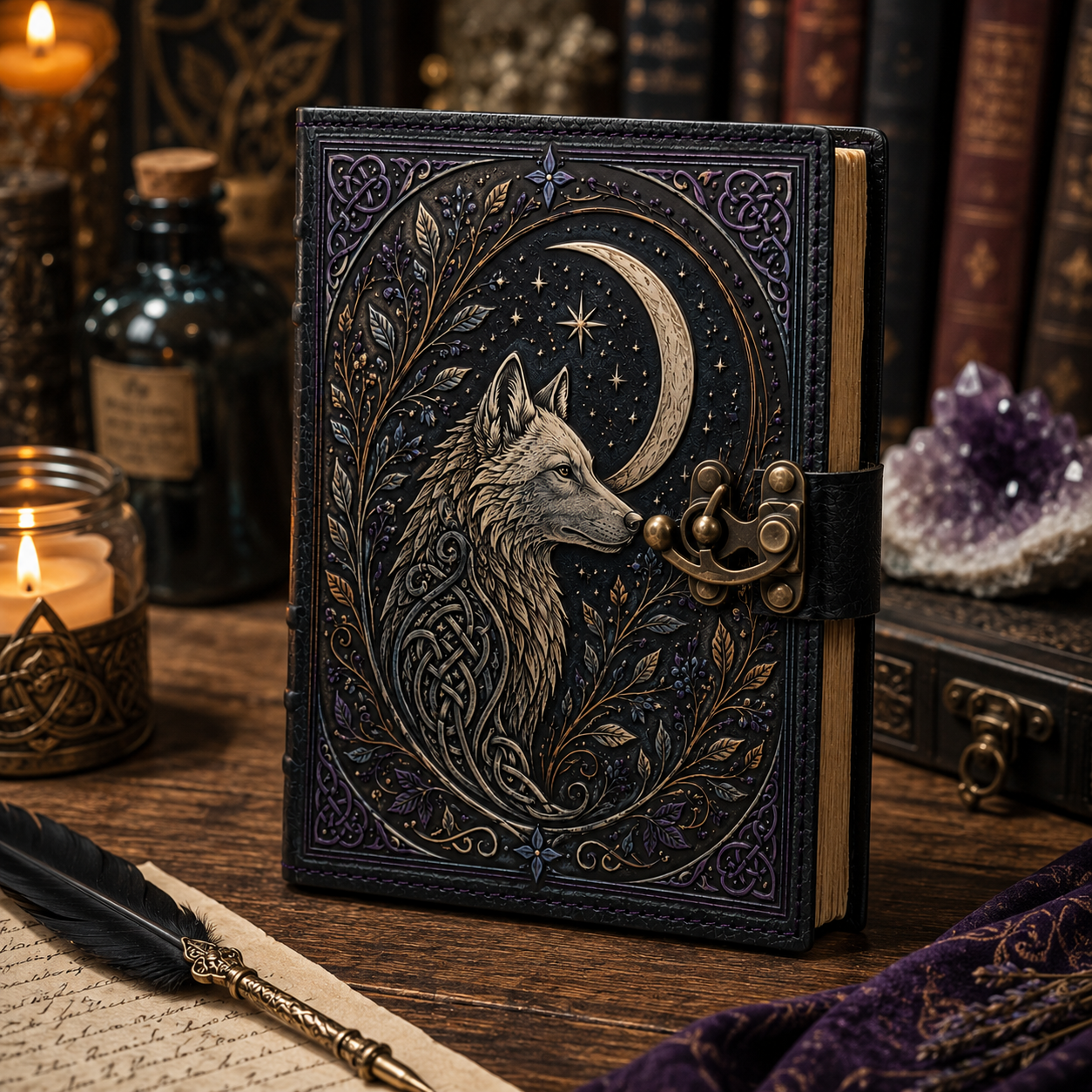 Cuaderno Místico Lobo Celestial bajo la Luna con Cierre Metálico Vintage