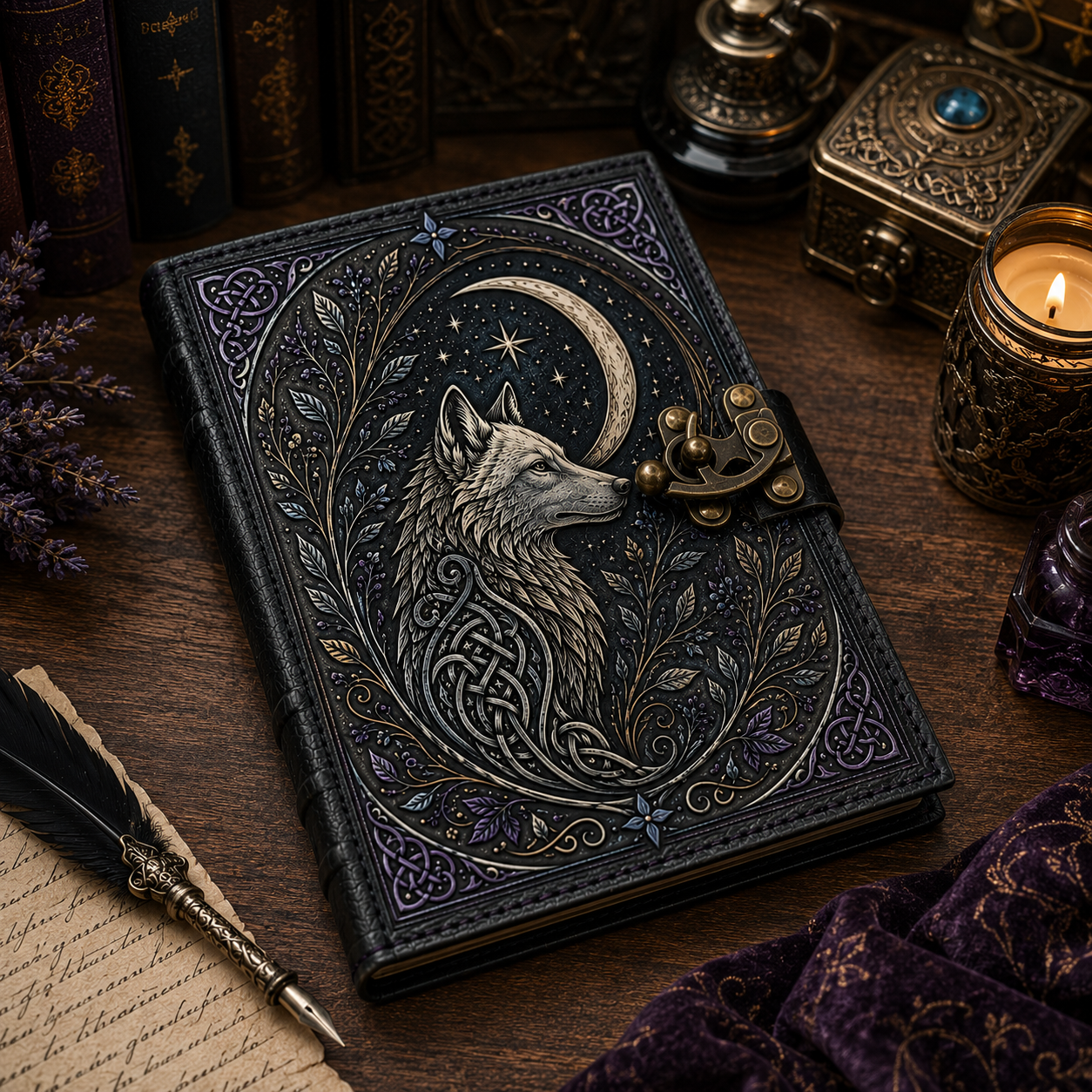 Cuaderno Místico Lobo Celestial bajo la Luna con Cierre Metálico Vintage