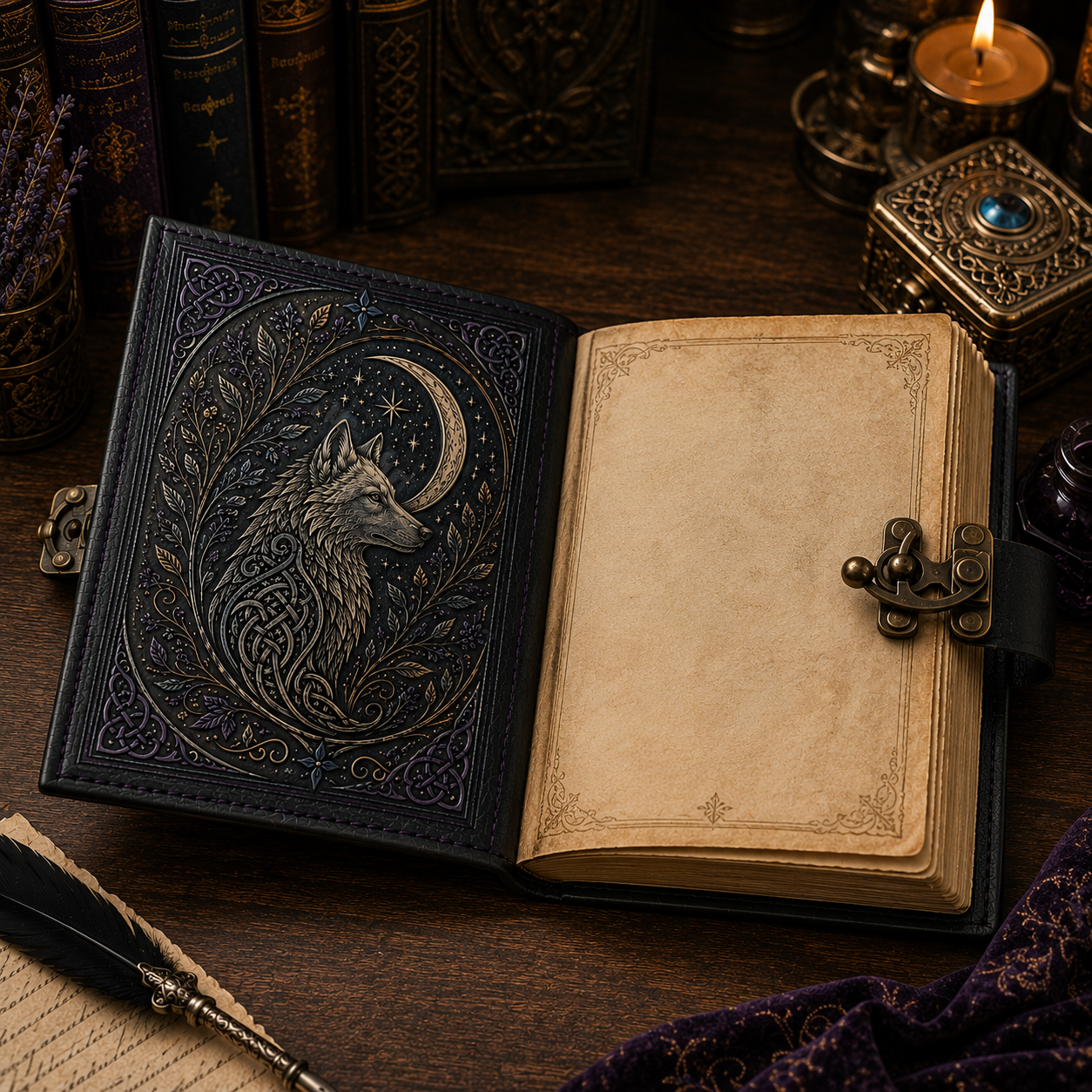Cuaderno Místico Lobo Celestial bajo la Luna con Cierre Metálico Vintage
