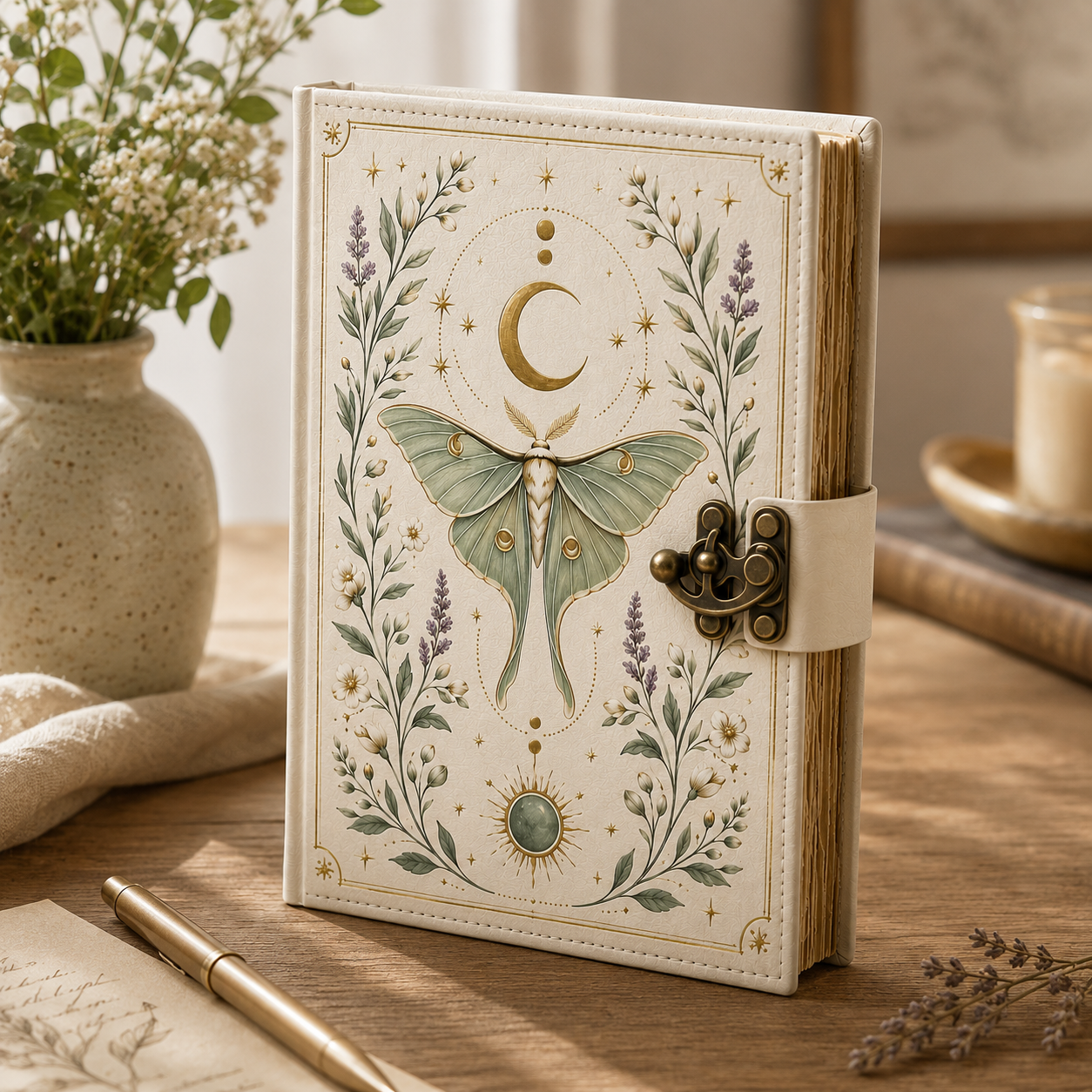 Cuaderno Místico Luna Celestial con Polilla Lunar y Cierre Metálico Vintage