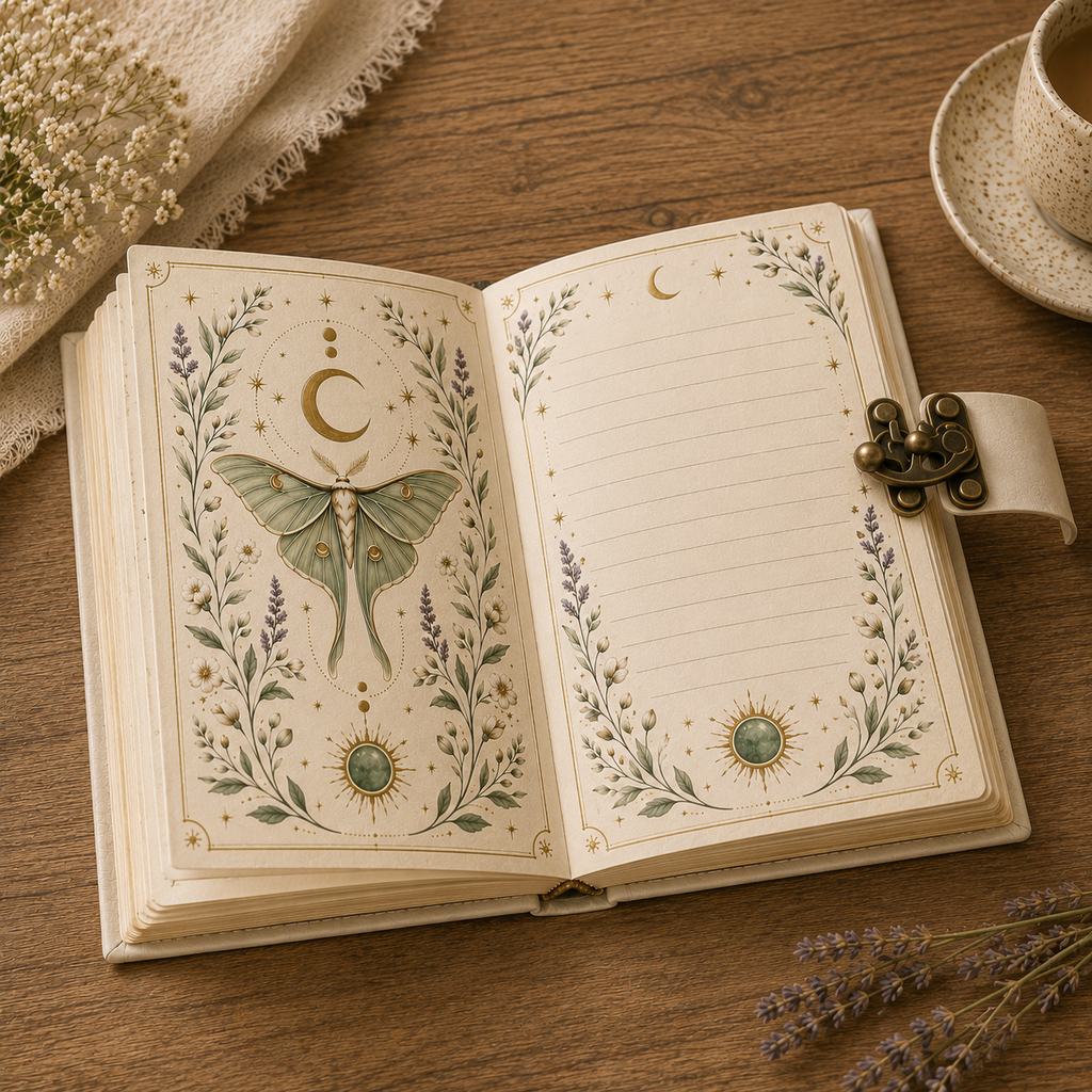 Cuaderno Místico Luna Celestial con Polilla Lunar y Cierre Metálico Vintage