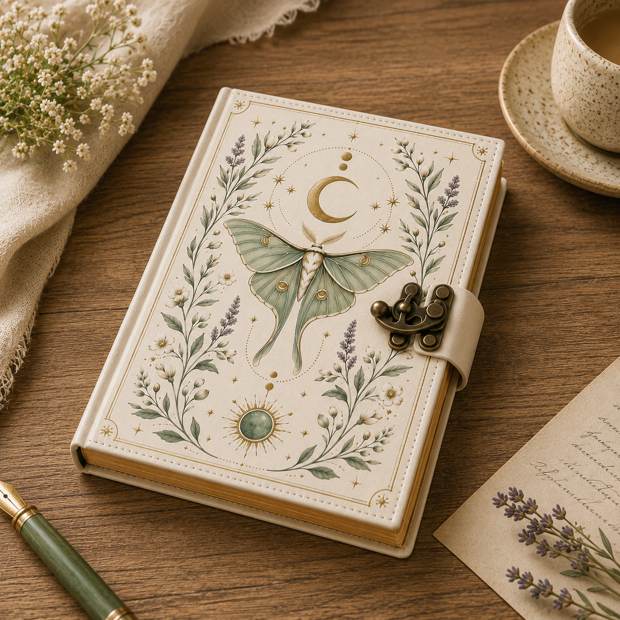 Cuaderno Místico Luna Celestial con Polilla Lunar y Cierre Metálico Vintage