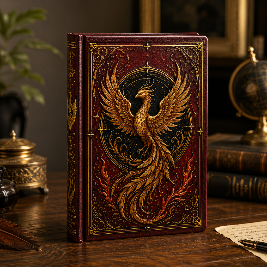 Cuaderno Místico Fénix Dorado con Cubierta Vintage Ornamentada
