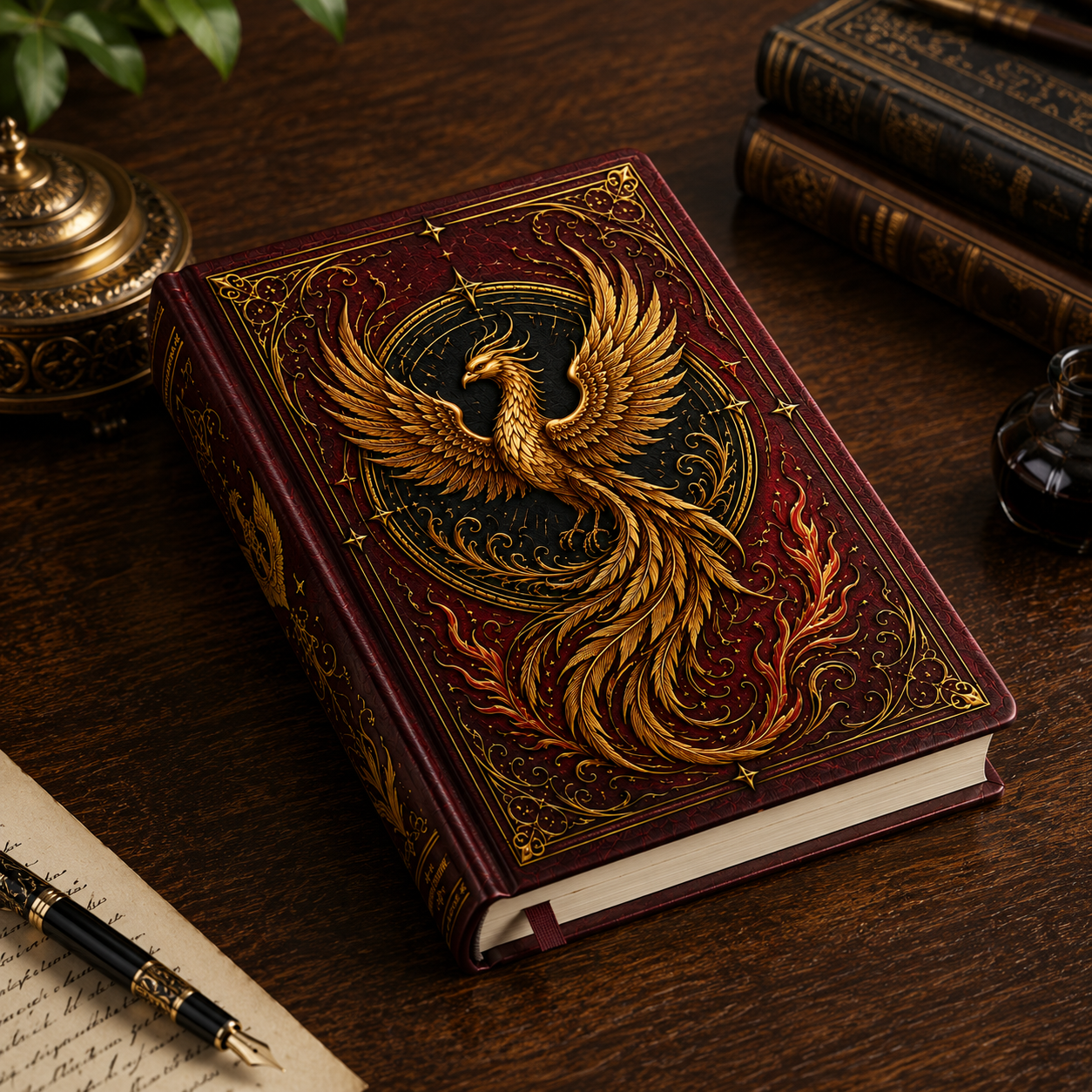 Cuaderno Místico Fénix Dorado con Cubierta Vintage Ornamentada