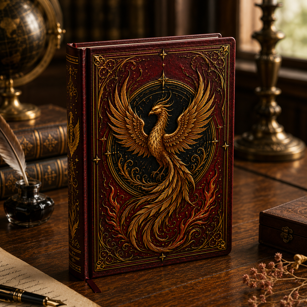 Cuaderno Místico Fénix Dorado con Cubierta Vintage Ornamentada